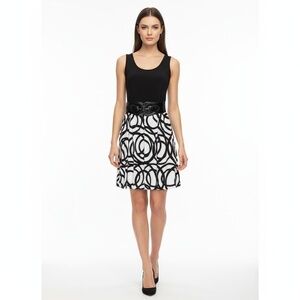 Joseph Ribkoff Dress 10 Black White Geometric A-Line Sleeveless Belted Elegant